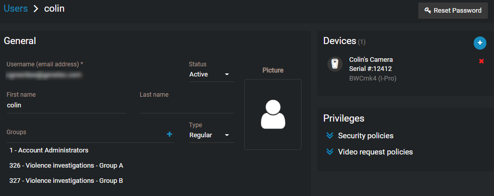 A user profile showing group inclusions, device assignments, and privileges.