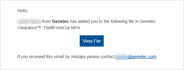 The "user added to a file" Genetec Clearance™ email notification showing the option to view a file and a contact email address