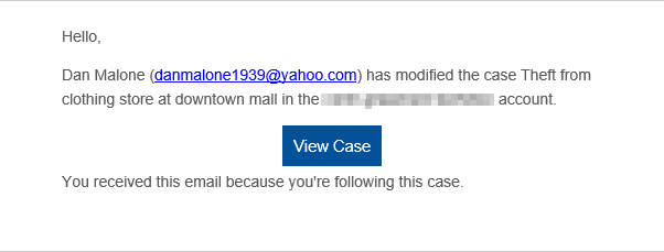The "case modified" Clearance email notification, showing the option to view a case.