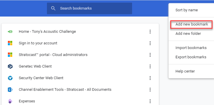 The Add new bookmark option in the Chrome bookmark manager.