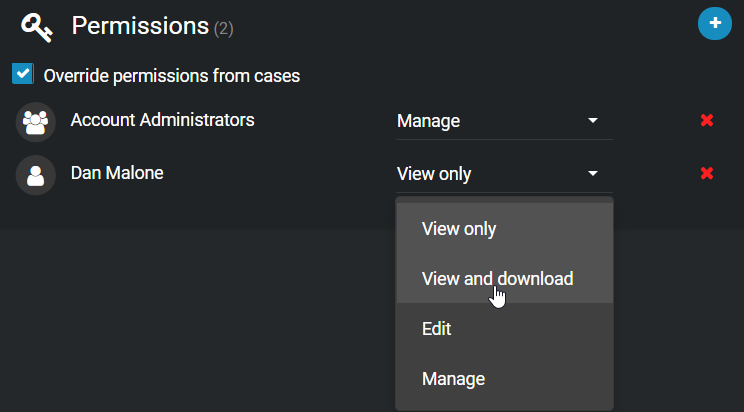 The permissions section of the File details page showing the level of access for a user being set to View and download.