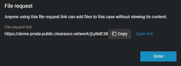 The file request link window showing the link, which can be copied or opened.