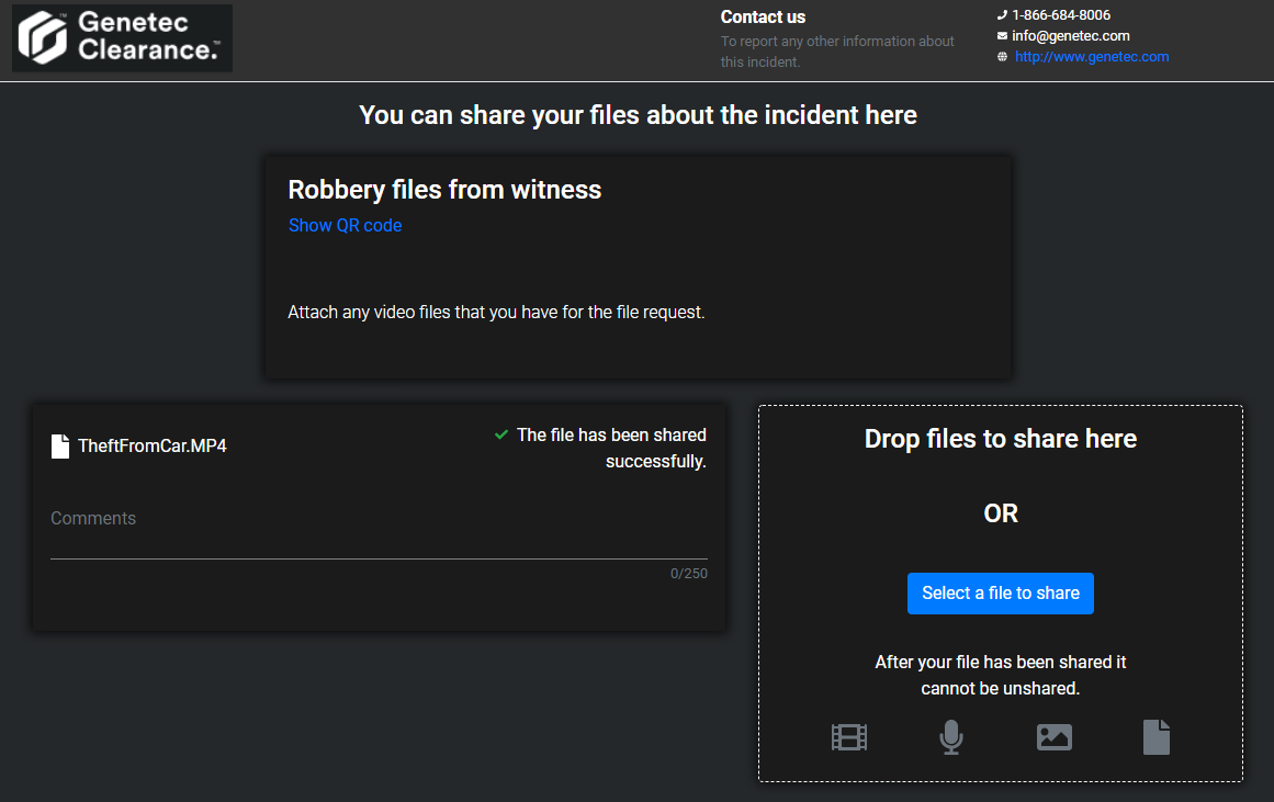 The file share page showing the file has been shared successfully.
