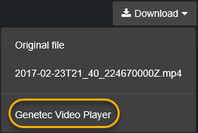 The download file menu with the Genetec Video Player option highlighted.