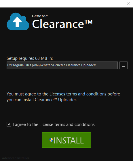 The Genetec Clearance™ Uploader installation page showing the filepath where the uploader will be located.
