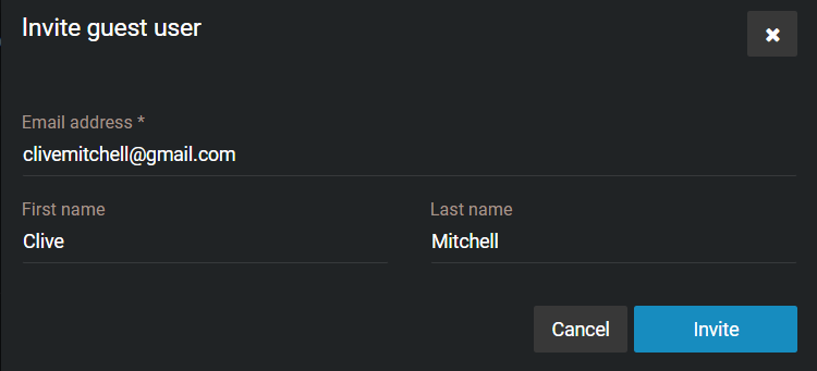 The Invite guest user window in Clearance showing invitee email address, first name, and last name.