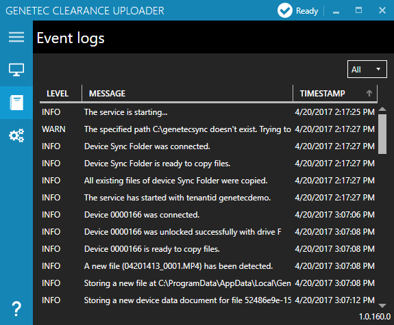 The Event logs page showing all events, their timestamps, and level of severity.