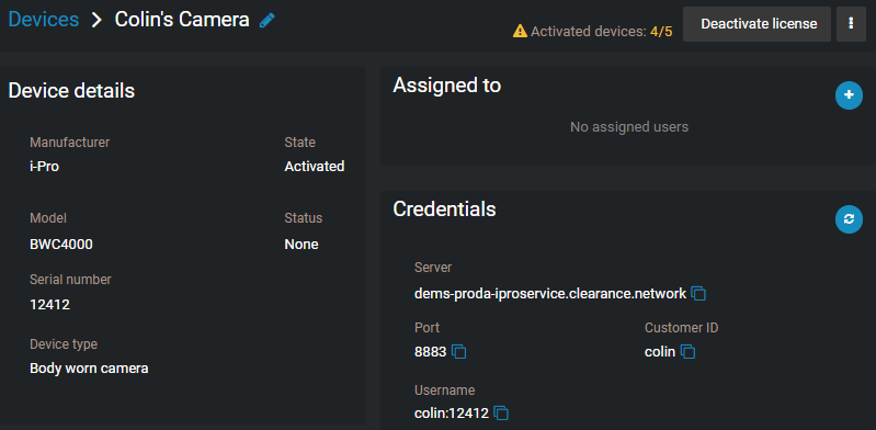 The device page showing no user assignments.