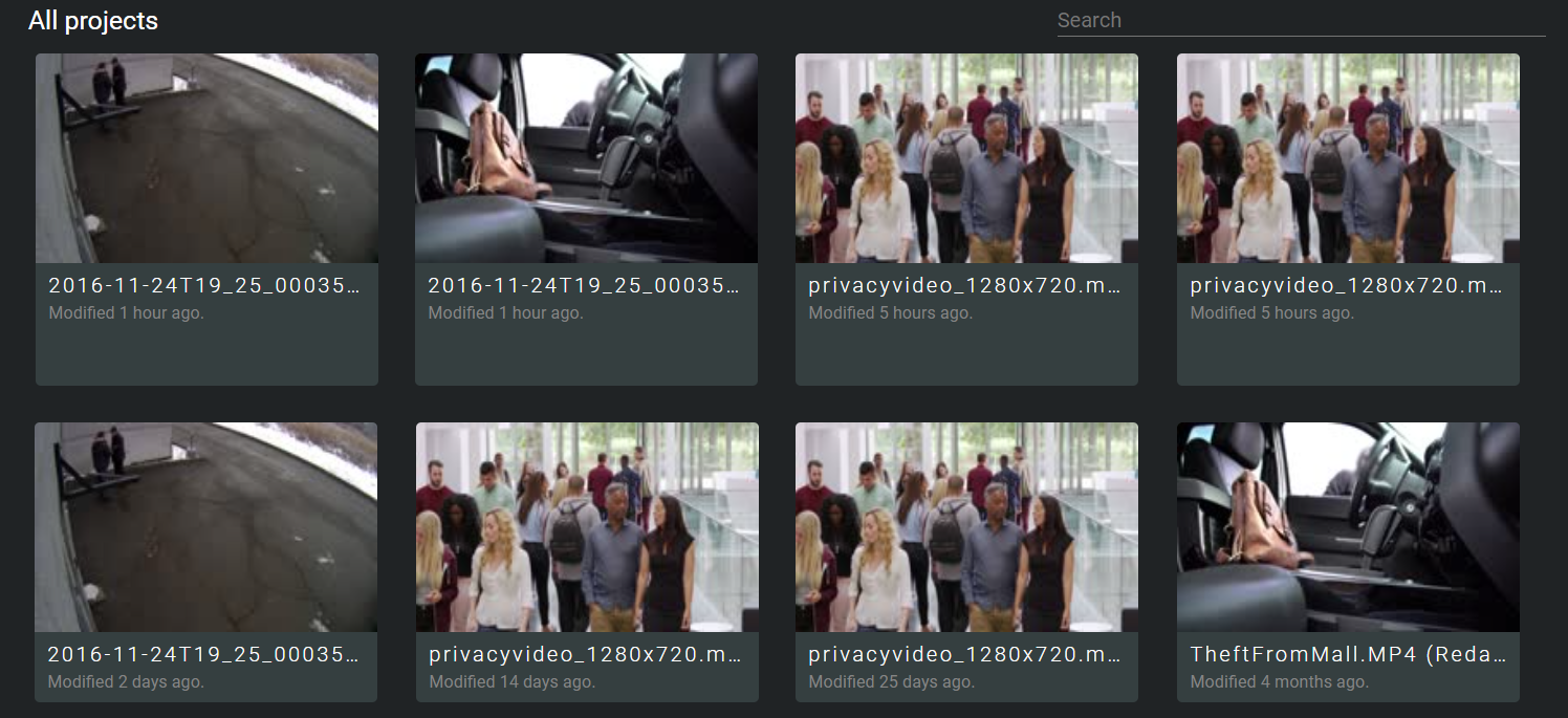 The video editor project view showing all ongoing projects.