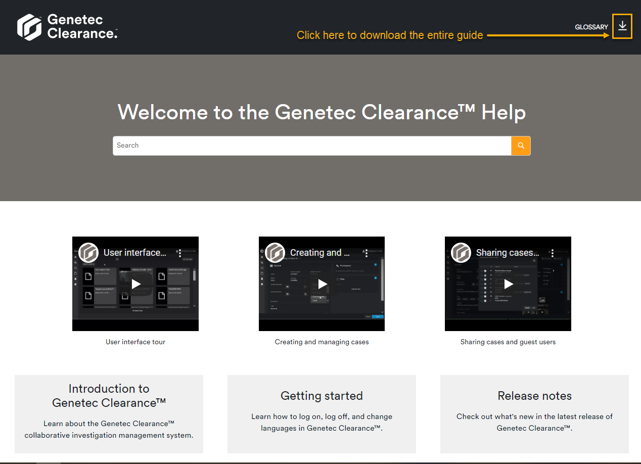 The Genetec Clearance™ help cover page, with the download button highlighted