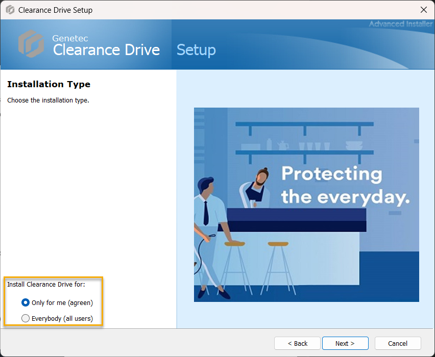 The Clearance Drive installer showing the installation types of everyone and only me.