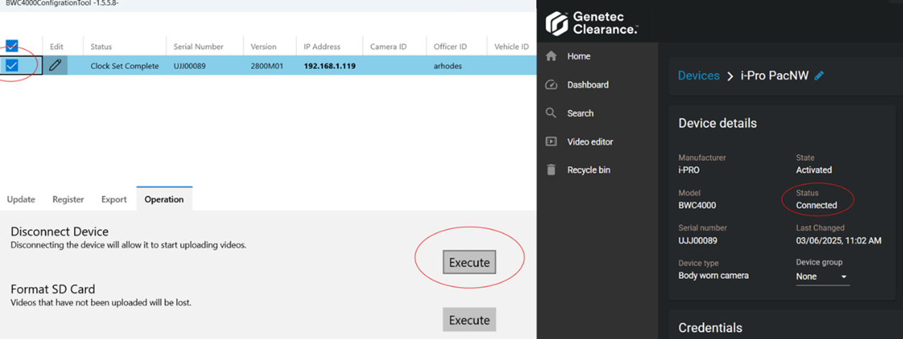 The BWC configuration tool showing the Operations tab of the device page and the disconnect device button highlighted.