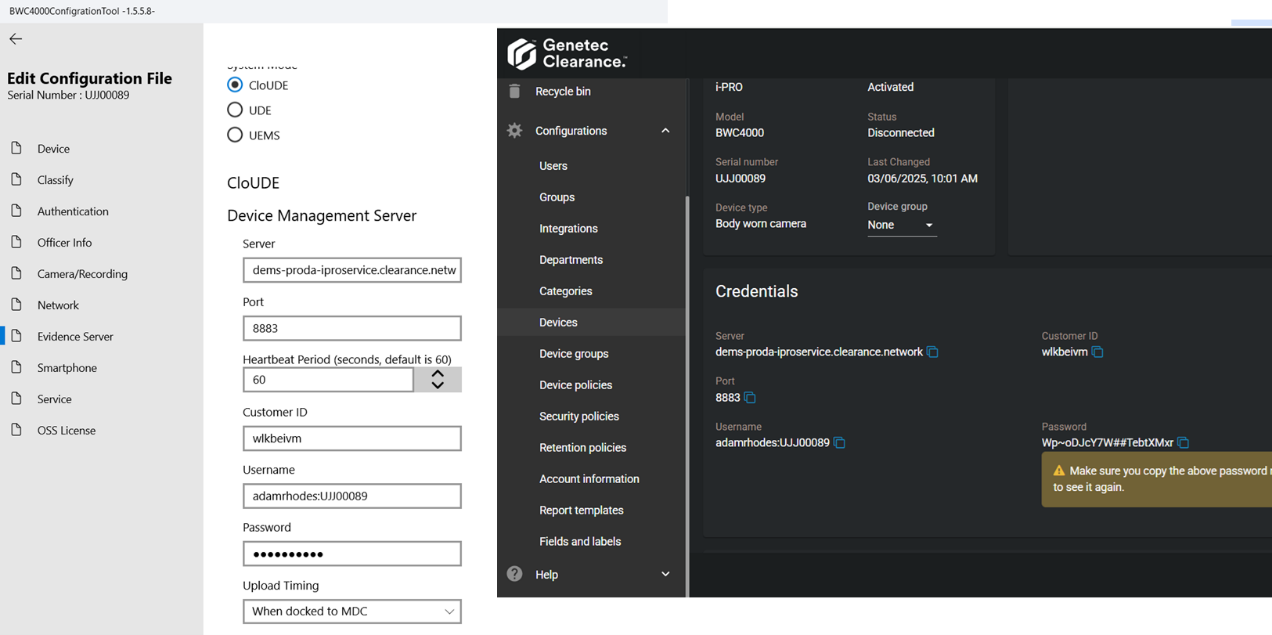 The i-PRO BWC configuration tool 'Evidence server' page showing CloUDE configuration information.
