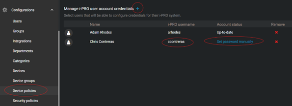The Genetec Clearance™ 'device policies' page with the 'add', 'i-PRO username', and 'set password manually' settings highlighted.