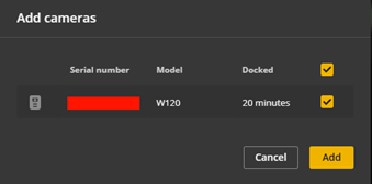 The Axis W800 user interface showing the option to add cameras.