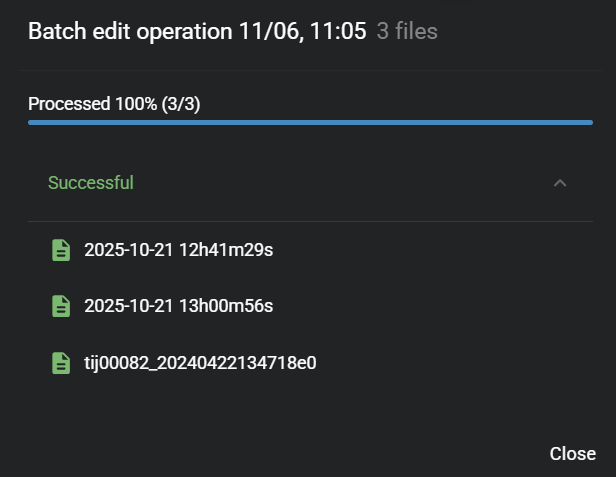 The batch edit operation page for multi file editing in Clearance showing the progress of a batch of files.