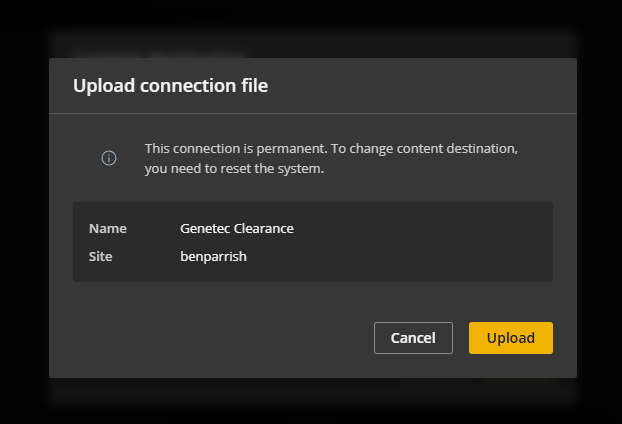 The Axis W800 user interface showing the option to upload a configuration file.