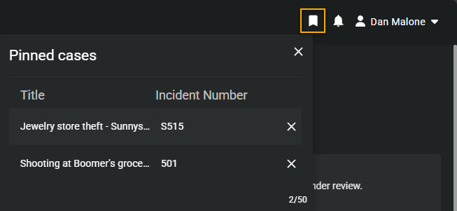 The pinned cases menu showing case names and incident numbers.