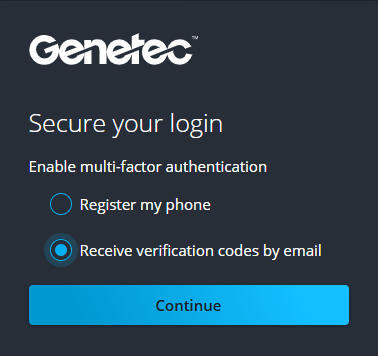 The multi-factor authentication selection window showing the options to register by phone or email address.