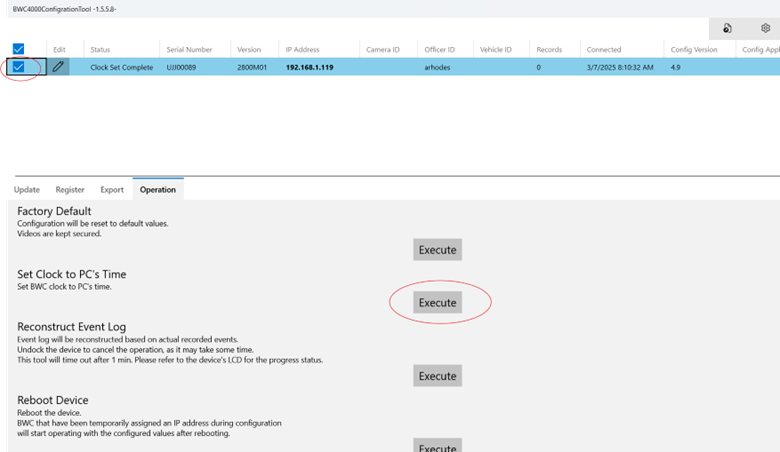 The i-PRO BWC configuration tool's "set clock to PC's time" setting highlighted in the i-PRO BWC configuration tool.