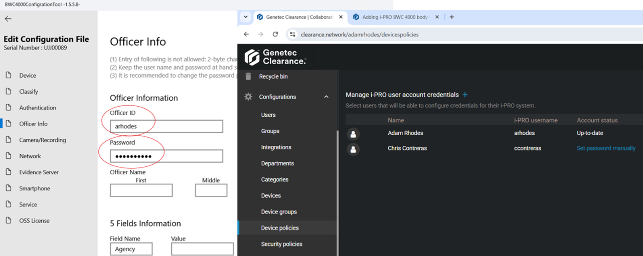 The BWC configuration tool showing the 'Officer info' page with the Officer ID and password fields highlighted.