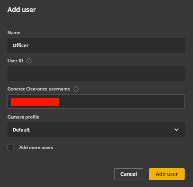 The Axis W800 showing the user creation page with the Genetec Clearance™ username field highlighted.