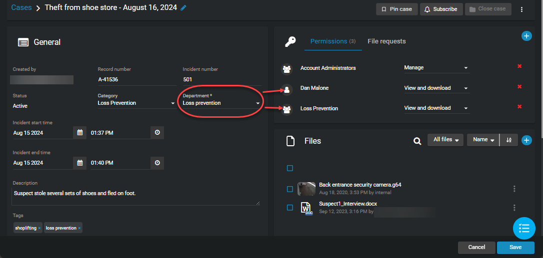A case showing the members of the Loss Prevention department included in the Permission section.