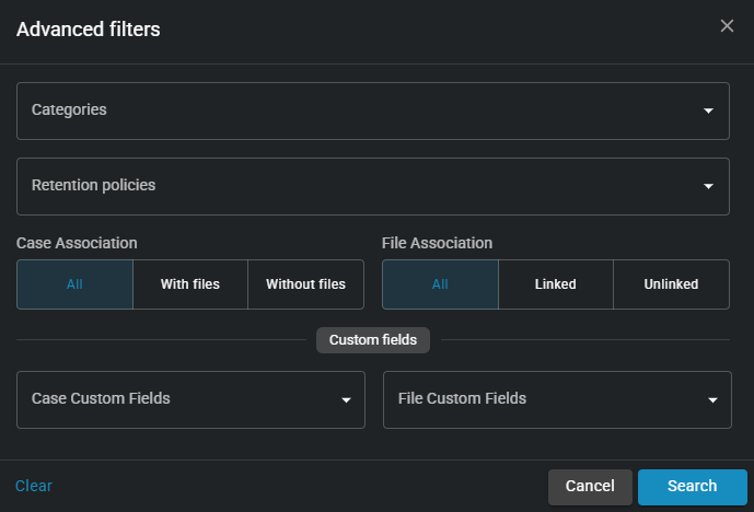 The Advanced filters window showing attributes that can be applied to the list of cases and files.