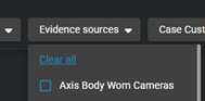 The 'Evidence sources' search filter in Clearance.