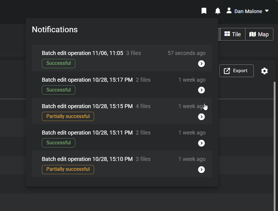 The notification menu in Clearance showing ongoing operations and related info.