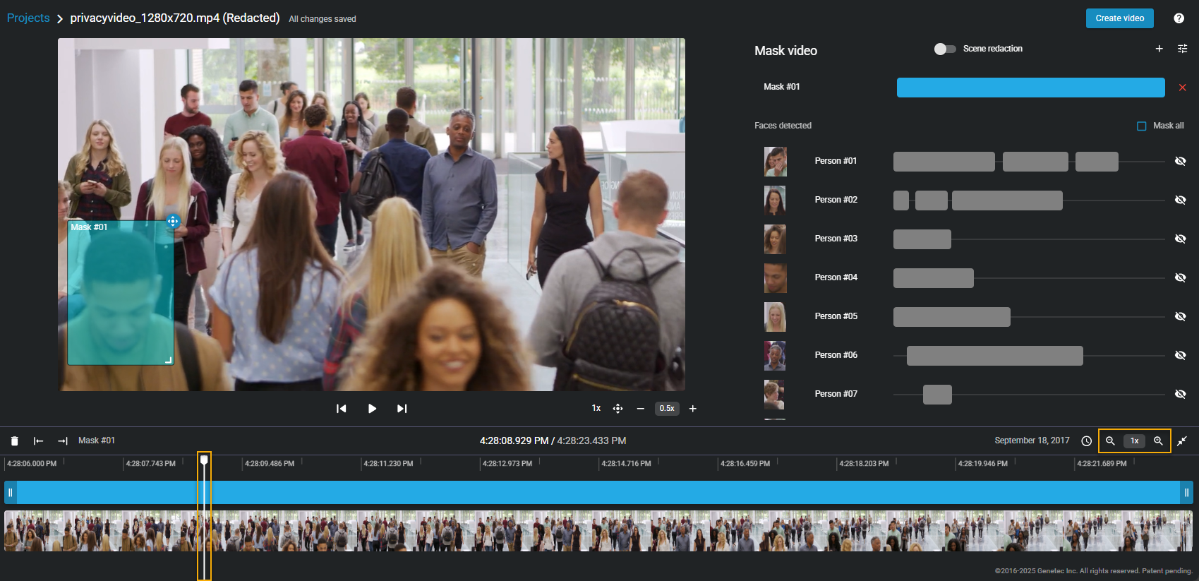 The video editor showing manual redaction being performed.