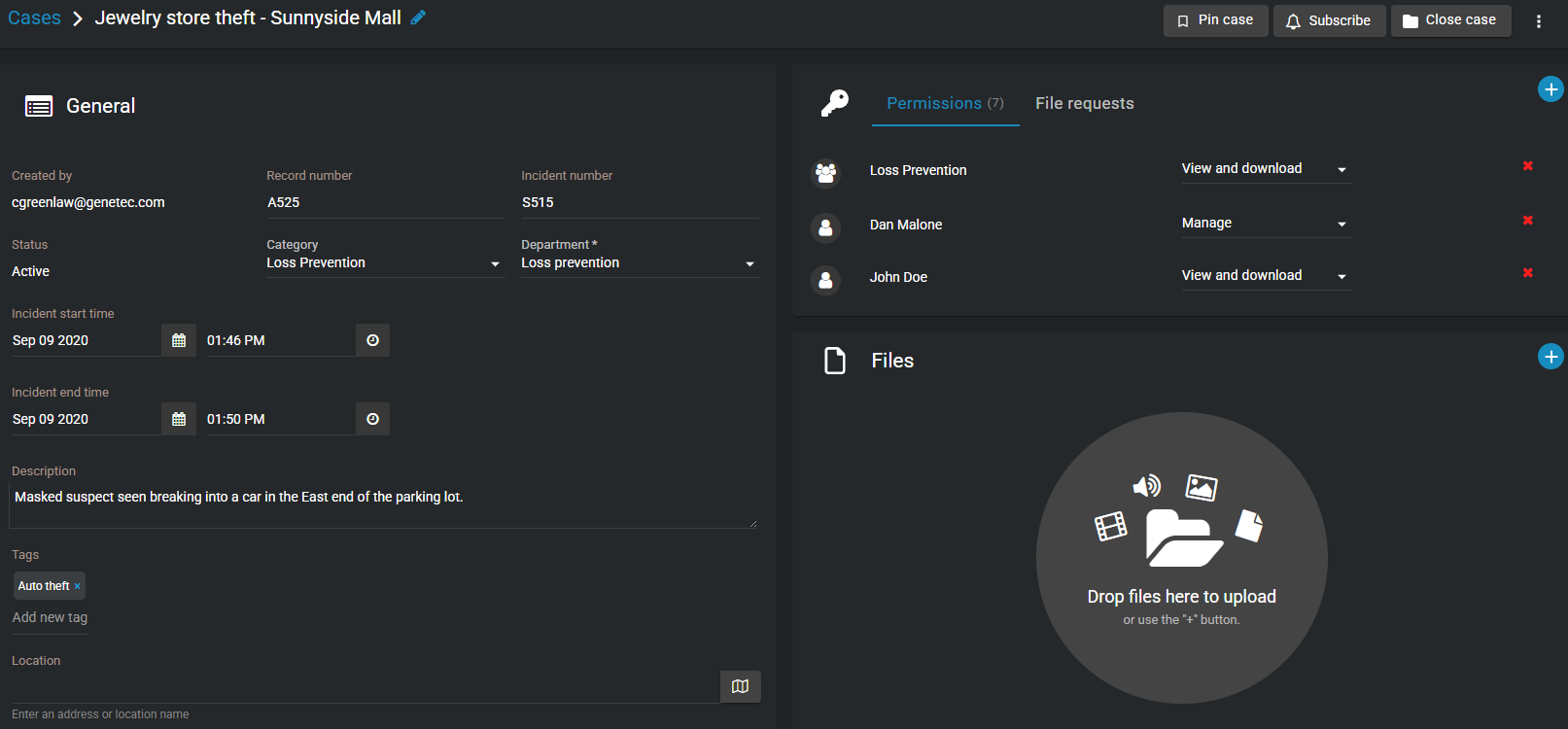 A case in Clearance, showing the Genreal information, permissions, and files sections.