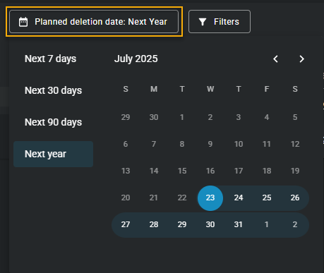 Le menu de date de suppression planifiée développé affichant les options de plage horaire pour la sélection.