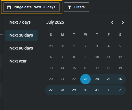 Le filtre de date de purge affichant les plages horaires pouvant être appliquées à la recherche.