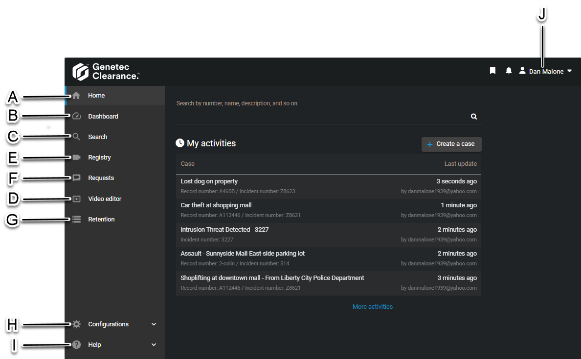 La page d'accueil de Clearance, avec des légendes décrivant les onglets de l'interface.