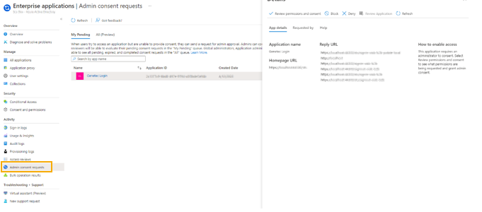Page de demandes de consentement administrateur dans une application Microsoft Entra ID Enterprise affichant les paramètres de consentement administrateur.