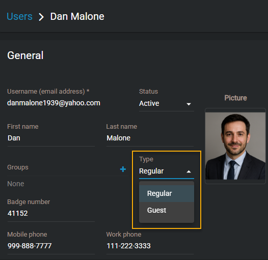 Profil d'utilisateur affichant la possibilité de changer de type d'utilisateur entre Standard et Invité.