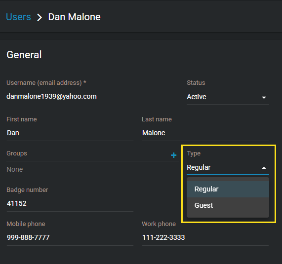 Profil d’utilisateur affichant la possibilité de changer de type d’utilisateur entre Standard et Invité.