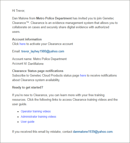 L’e-mail de notification Clearance « Invitation à » contenant des identifiants de connexion et des informations sur le compte.