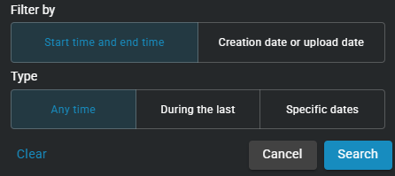 Boîte de dialogue Filtrer par dans Clearance affichant les options de date et d'heure