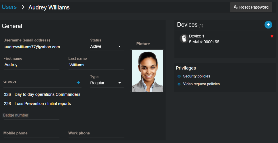 Audrey Williams' user profile, showing her general information, assigned devices, and privileges.