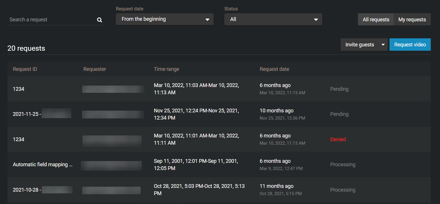 The video requests page showing requests in list format.