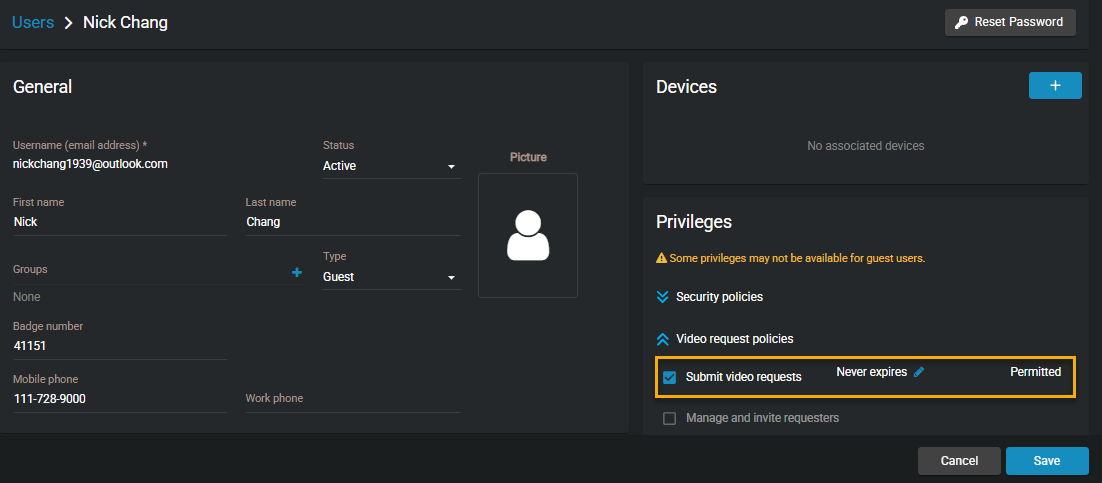 A guest user profile showing the Submit video requests privilege highlighted.