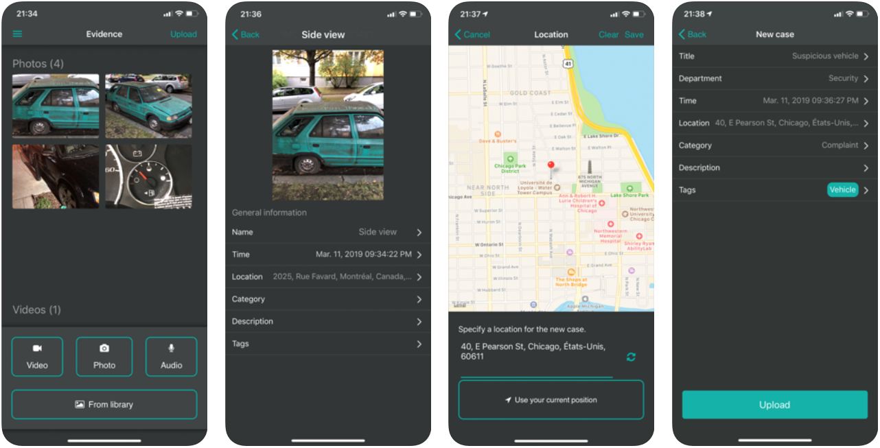 The Genetec Clearance™ Seen UI layout showing images of a vehicle of interest, its location, and case details.