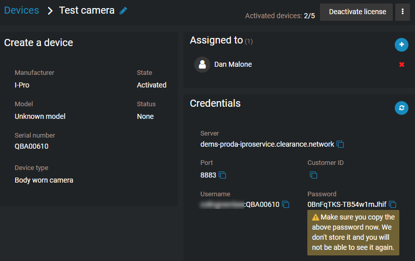 A device in Clearance with the device info, assignments, and credentials displayed.