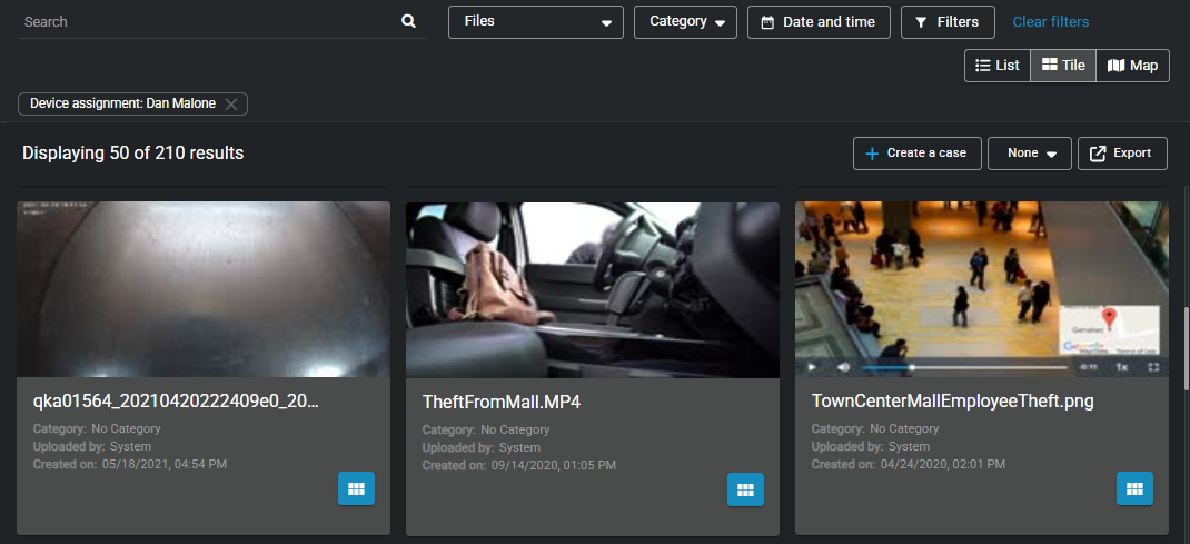 Search results showing evidence sorted by device assignment.