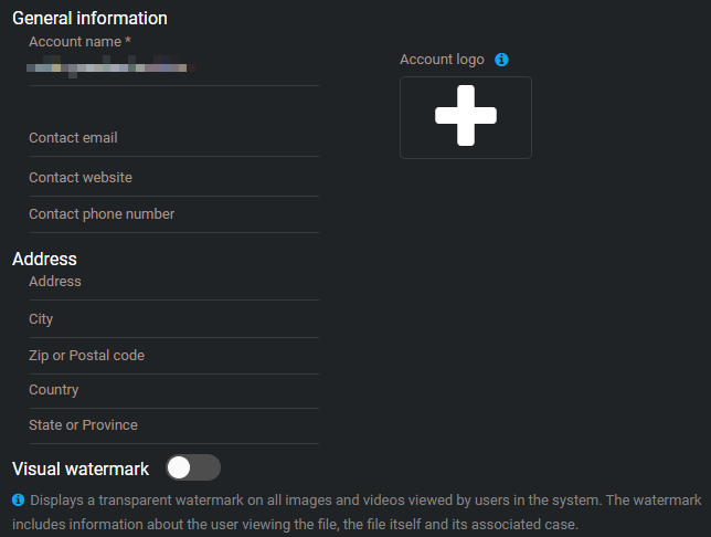 The Account information page in Clearance, showing the general information, account logo, address, and visual watermark sections.
