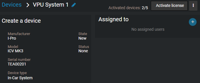 The in-car system device page showing device information and assignments.