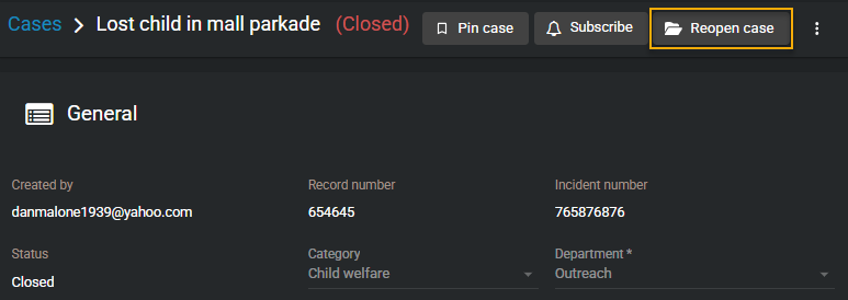 A closed case, with the Reopen case button highlighted.