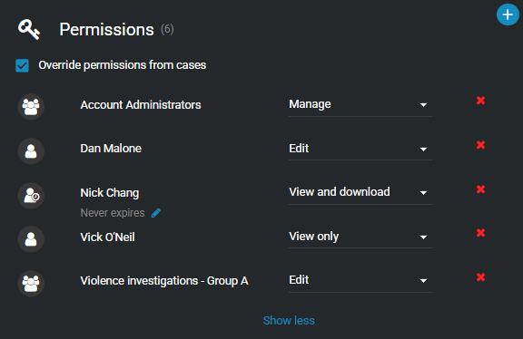 The permissions section showing the Override permissions from cases check box activated.